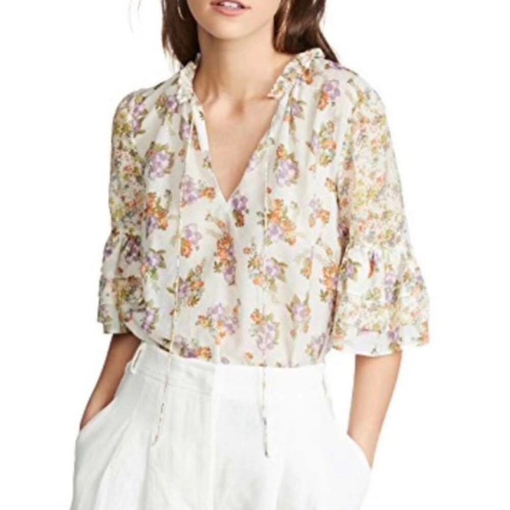 Alice & Olivia Cotton-Silk Floral Bell Sleeve V-Neck Blouse White Multi Small